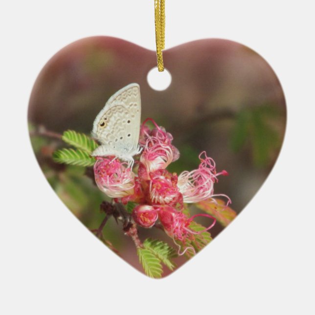 Tiny Butterfly on Pink Flower Ceramic Ornament (Front)