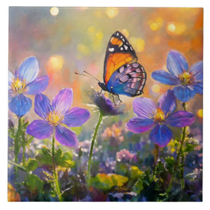 Tiny Butterfly On Wildflowers at Sunrise Ceramic Tile
