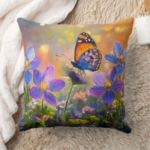 Tiny Butterfly On Wildflowers at Sunrise Cushion