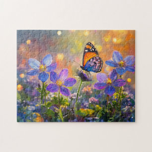 Tiny Butterfly On Wildflowers at Sunrise Jigsaw Puzzle