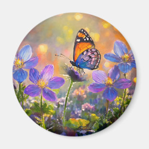 Tiny Butterfly On Wildflowers at Sunrise Magnet