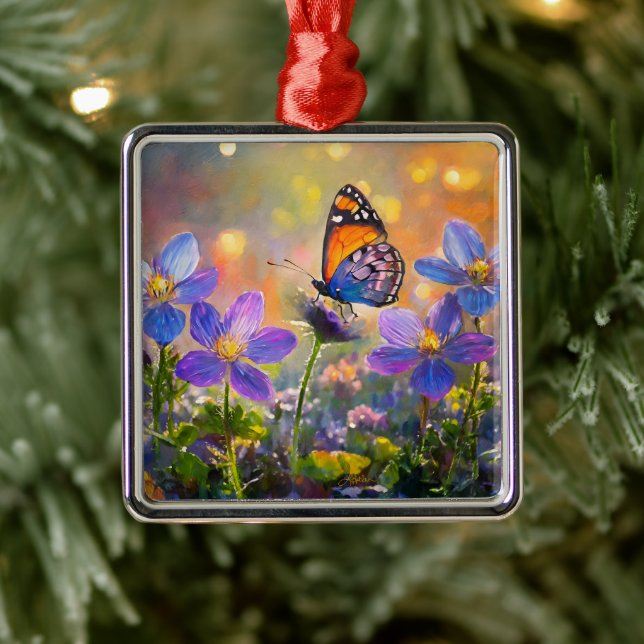Tiny Butterfly On Wildflowers at Sunrise Metal Ornament (Tree)