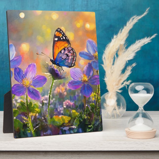 Tiny Butterfly On Wildflowers at Sunrise Plaque (Side)