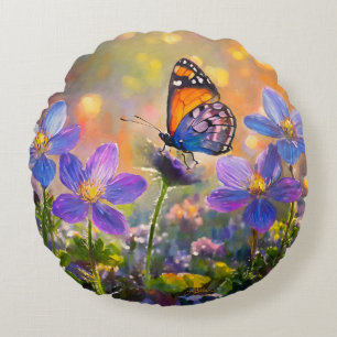 Tiny Butterfly On Wildflowers at Sunrise Round Cushion