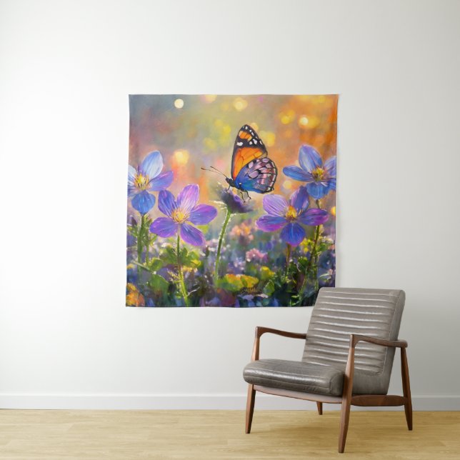 Tiny Butterfly On Wildflowers at Sunrise Tapestry (In Situ)
