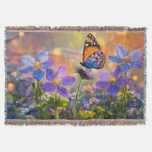 Tiny Butterfly On Wildflowers at Sunrise Throw Blanket