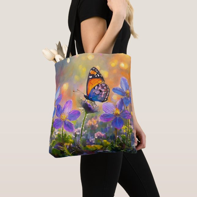 Tiny Butterfly On Wildflowers at Sunrise Tote Bag (Close Up)