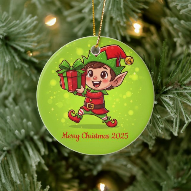 Tiny Christmas Elf with Gift Personalised 2025  Ceramic Ornament (Tree)