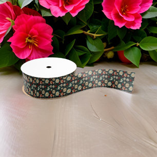Tiny Christmas Flowers Black Red Green Grosgrain Ribbon