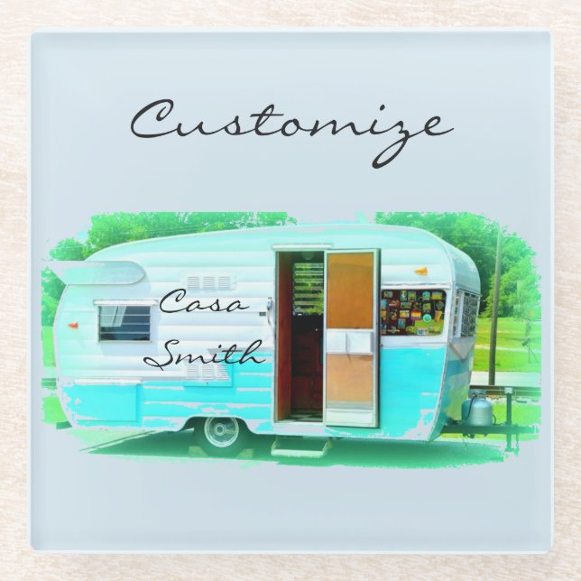 Tiny classic travel trailer Thunder_Cove Glass Coaster (Front)