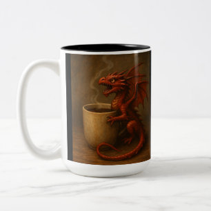 Tiny coffee dragon hugging a mug fun fantasy art