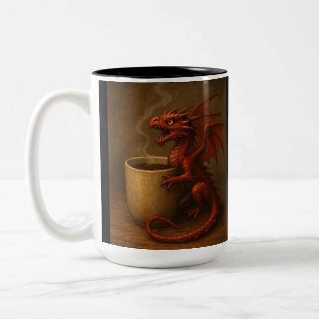 Tiny coffee dragon hugging a mug fun fantasy art (Left)