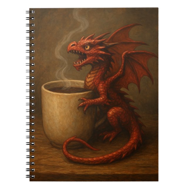 Tiny coffee dragon hugging a mug fun fantasy art notebook (Front)