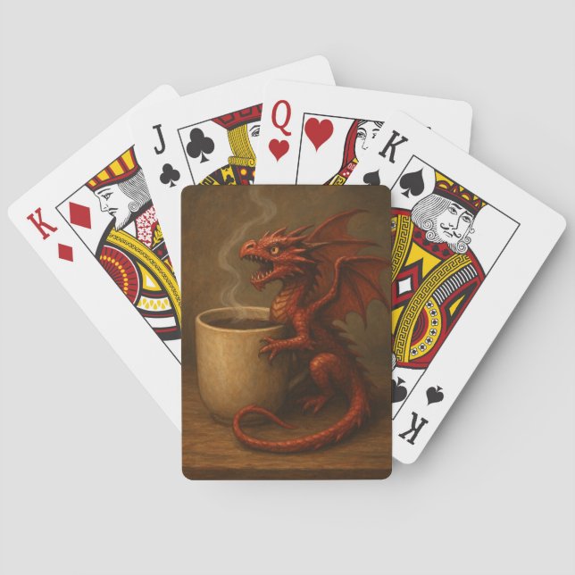 Tiny coffee dragon hugging a mug fun fantasy art playing cards (Back)