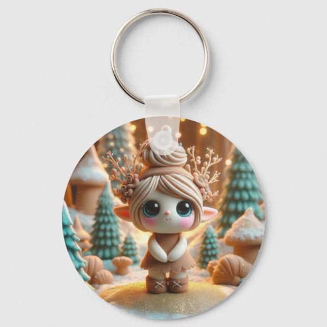 Tiny Cute Branch Clay Elf Key Ring (Front)