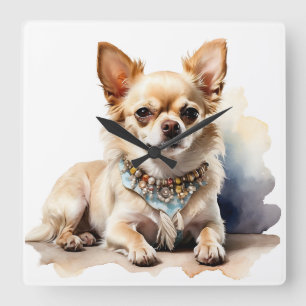 TINY CUTE FAWN CHIHUAHUA DOG SQUARE WALL CLOCK