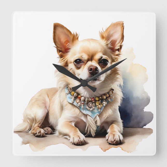 TINY CUTE FAWN CHIHUAHUA DOG SQUARE WALL CLOCK (Front)