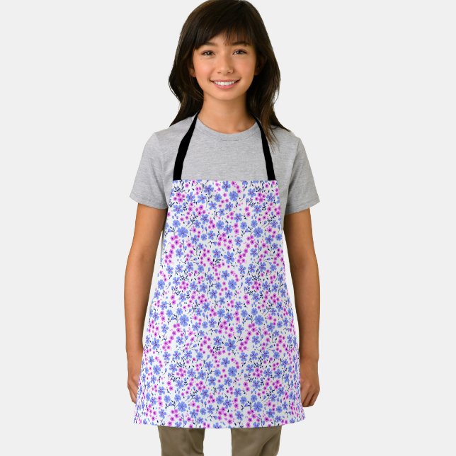 Tiny cute white blue pink floral pattern apron (Insitu)