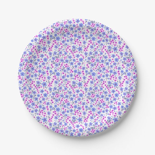 Tiny cute white blue pink floral pattern paper plate (Front)