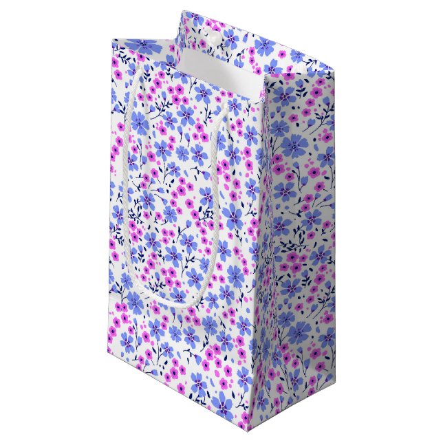 Tiny cute white blue pink floral pattern small gift bag (Front Angled)