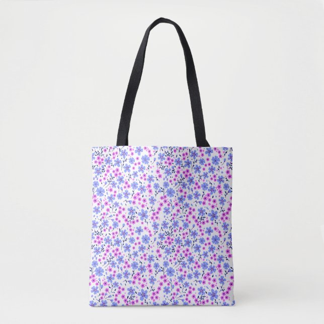 Tiny cute white blue pink floral pattern tote bag (Front)