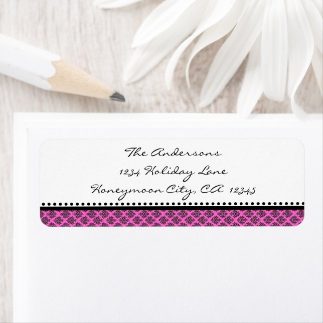 Tiny Damask Black & Bright Pink Address Labels (Insitu)