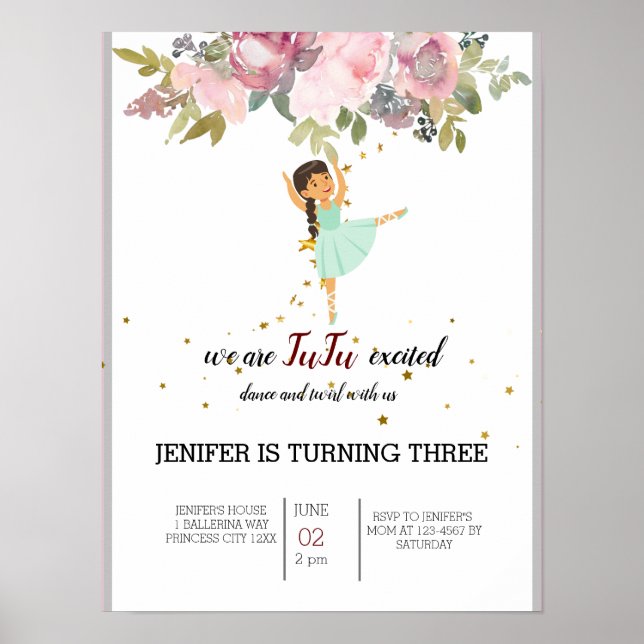 Tiny Dancer | Pink Floral Ballet Birthday Party Poster (Front)