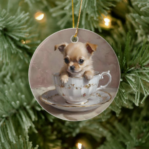 Tiny Delight: Chihuahua Puppy in a Teacup Ceramic Ornament