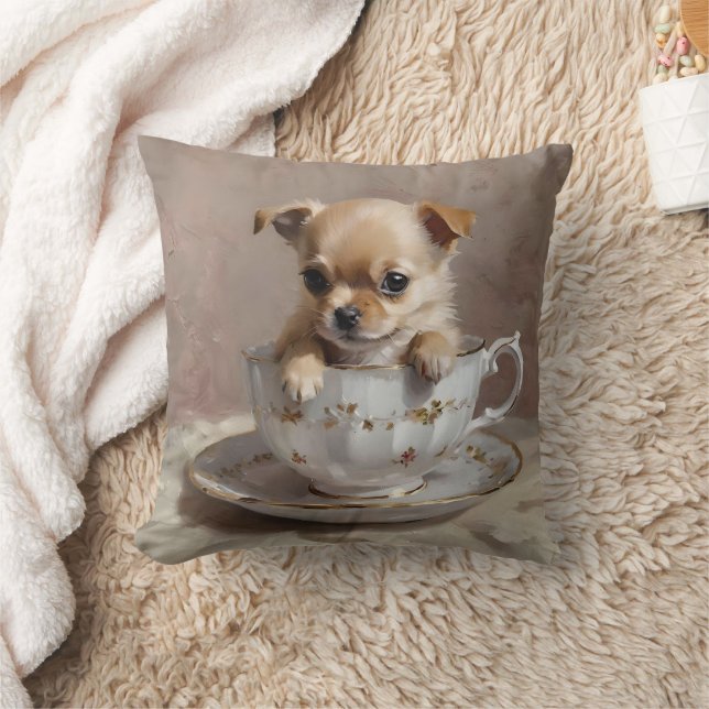 Tiny Delight: Chihuahua Puppy in a Teacup Cushion (Blanket)