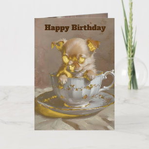 Tiny Delight: Chihuahua Puppy in a Teacup,  Foil Greeting Card