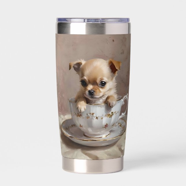 Tiny Delight: Chihuahua Puppy in a Teacup Insulated Tumbler (Back)