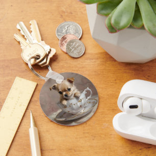 Tiny Delight: Chihuahua Puppy in a Teacup, Key Ring