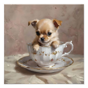 Tiny Delight: Chihuahua Puppy in a Teacup,  Photo Print