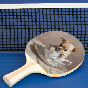 Tiny Delight: Chihuahua Puppy in a Teacup Ping Pong Paddle