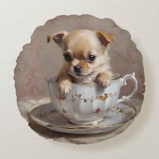 Tiny Delight: Chihuahua Puppy in a Teacup Round Cushion (Front)