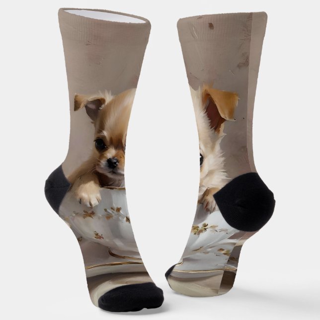 Tiny Delight: Chihuahua Puppy in a Teacup Socks (Angled)