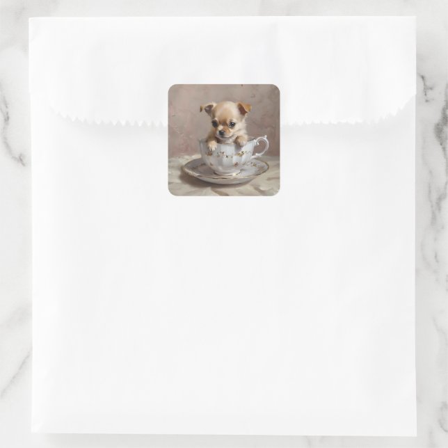 Tiny Delight: Chihuahua Puppy in a Teacup,  Square Sticker (Bag)