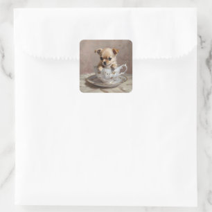 Tiny Delight: Chihuahua Puppy in a Teacup,  Square Sticker