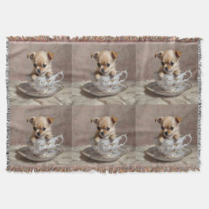 Tiny Delight: Chihuahua Puppy in a Teacup Throw Blanket