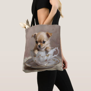 Tiny Delight: Chihuahua Puppy in a Teacup Tote Bag