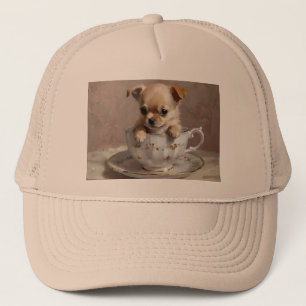 Tiny Delight: Chihuahua Puppy in a Teacup Trucker Hat