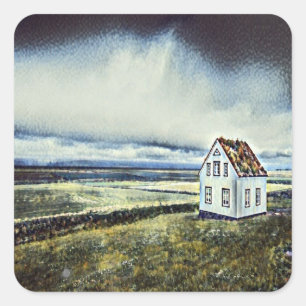 Tiny distant lonely house square sticker