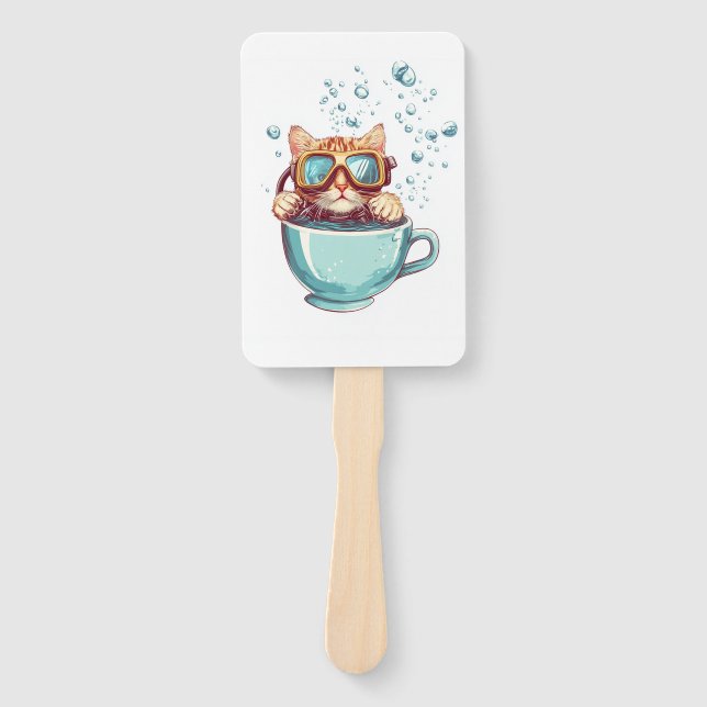Tiny Diver Cat � Funny Scuba Kitty Tea Lover Hand Fan (Front)