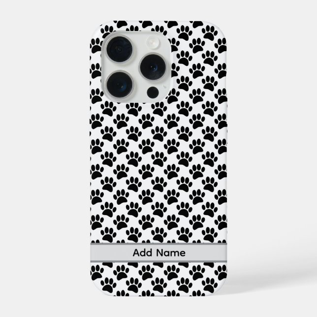 Tiny Dog Paw Print In Black and White Custom Name iPhone Case (Back)