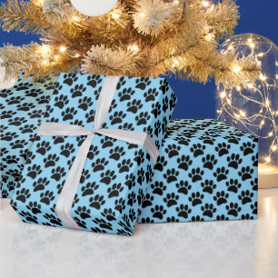 Tiny Dog Paw Print Pattern In Black and Baby Blue Wrapping Paper