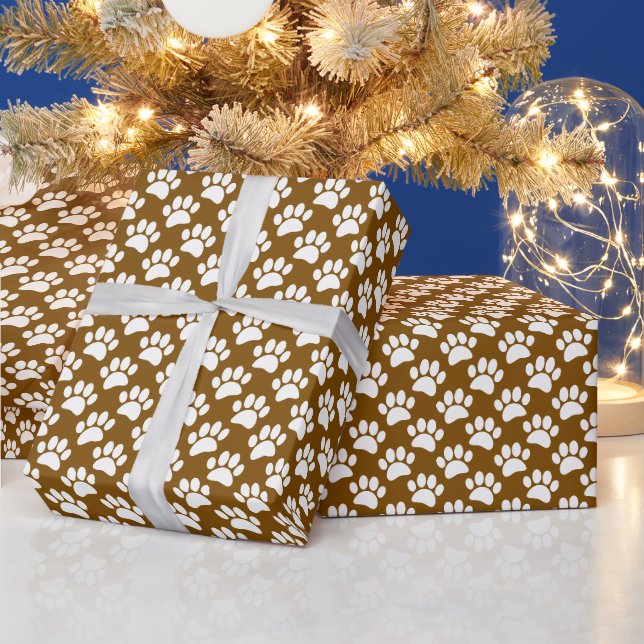 Tiny Dog Paw Print Pattern In White and Brown Wrapping Paper (Holidays)