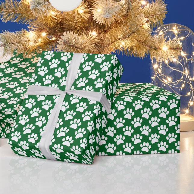 Tiny Dog Paw Print Pattern In White and Green Wrapping Paper (Holidays)