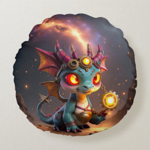 Tiny Dragon, Big Time Energy – The Ember Clockling Round Cushion