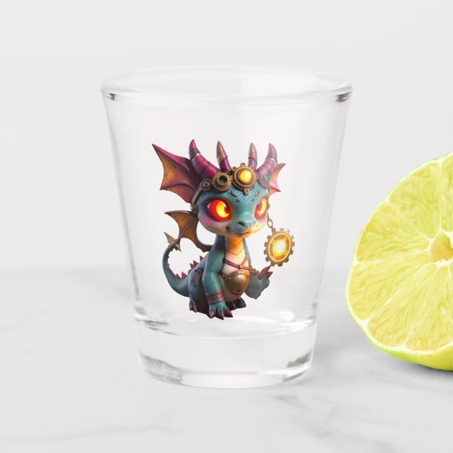 Tiny Dragon, Big Time Energy – The Ember Clockling Shot Glass (Front)