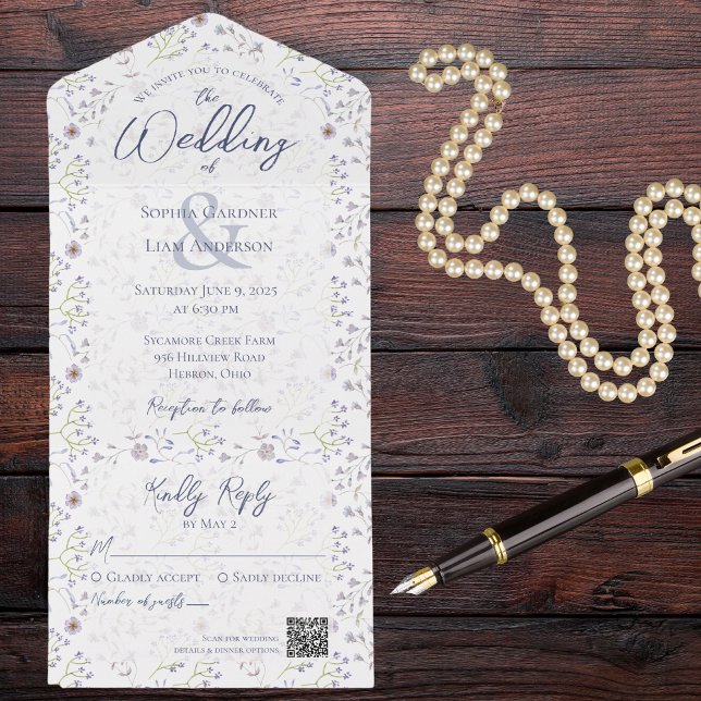 Tiny Dusty Blue Floral with QR Code All In One Invitation (Creator Uploaded)